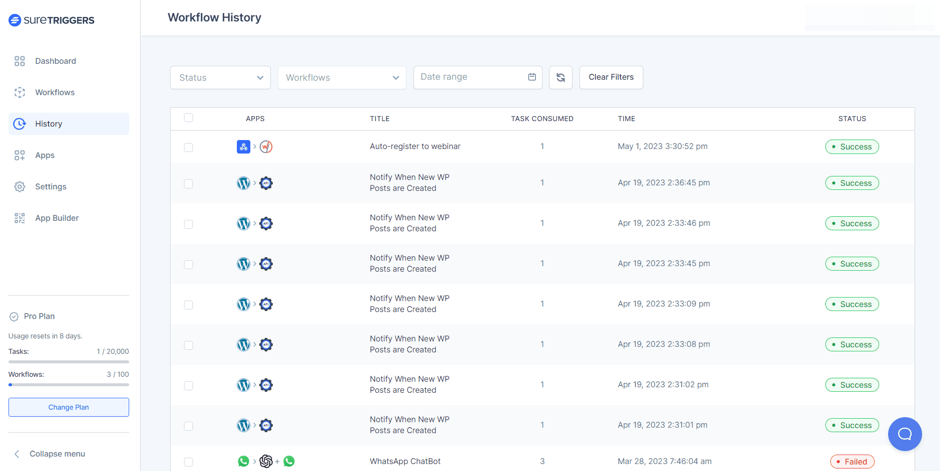 This image shows the history screen.