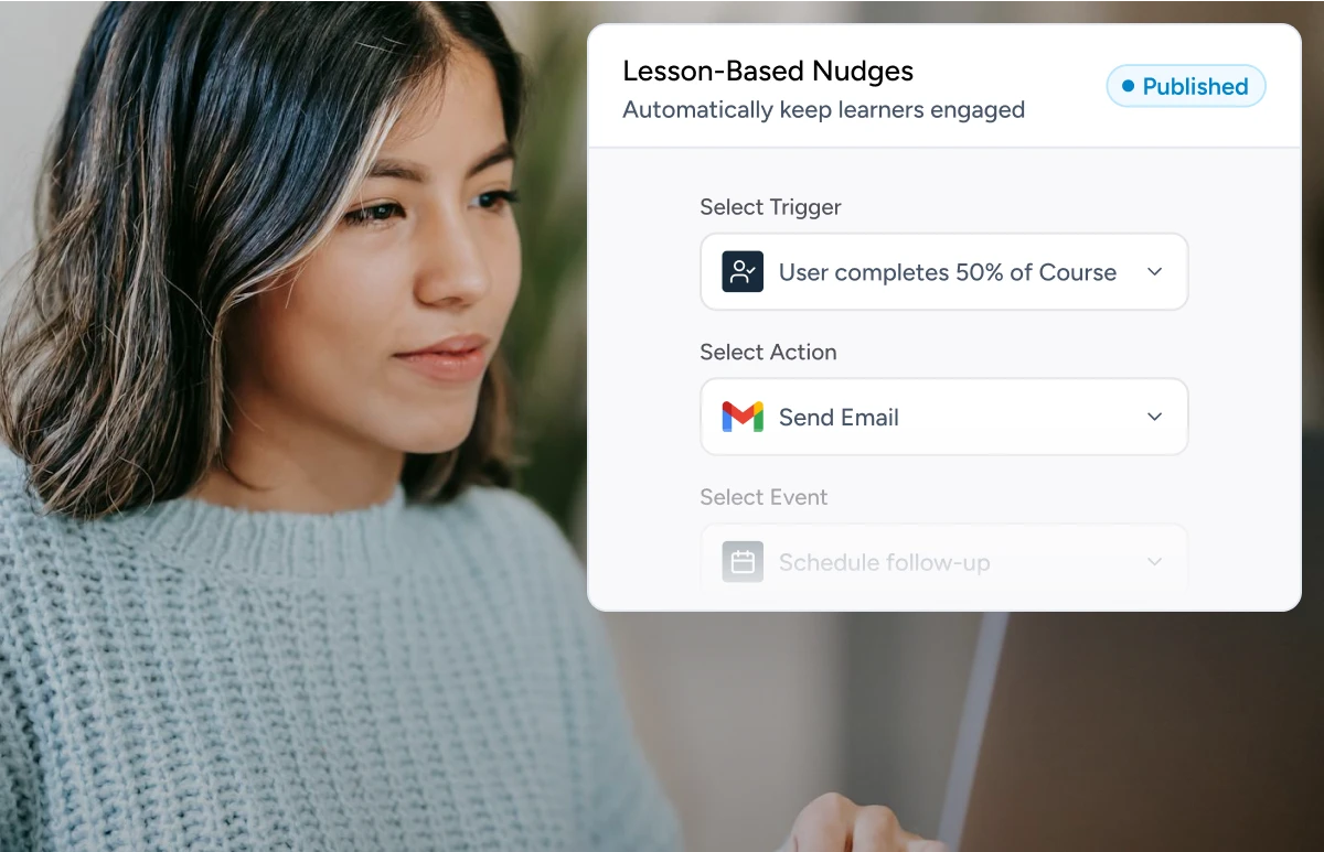 A woman in a blue sweater working on a laptop next to a screenshot of Ottokit’s automation for course creators. The workflow shows an email being sent automatically when a user completes 50% of a course, helping keep learners engaged.