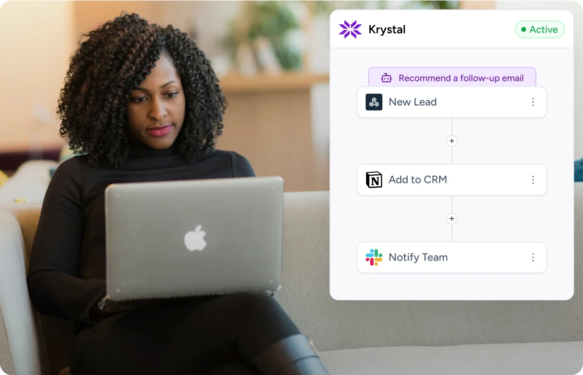 A professional woman sits on a couch working on a laptop beside a screenshot of Ottokit’s AI automation platform showing a workflow for agencies. The workflow includes steps to handle a new lead, add to CRM, and notify the team.