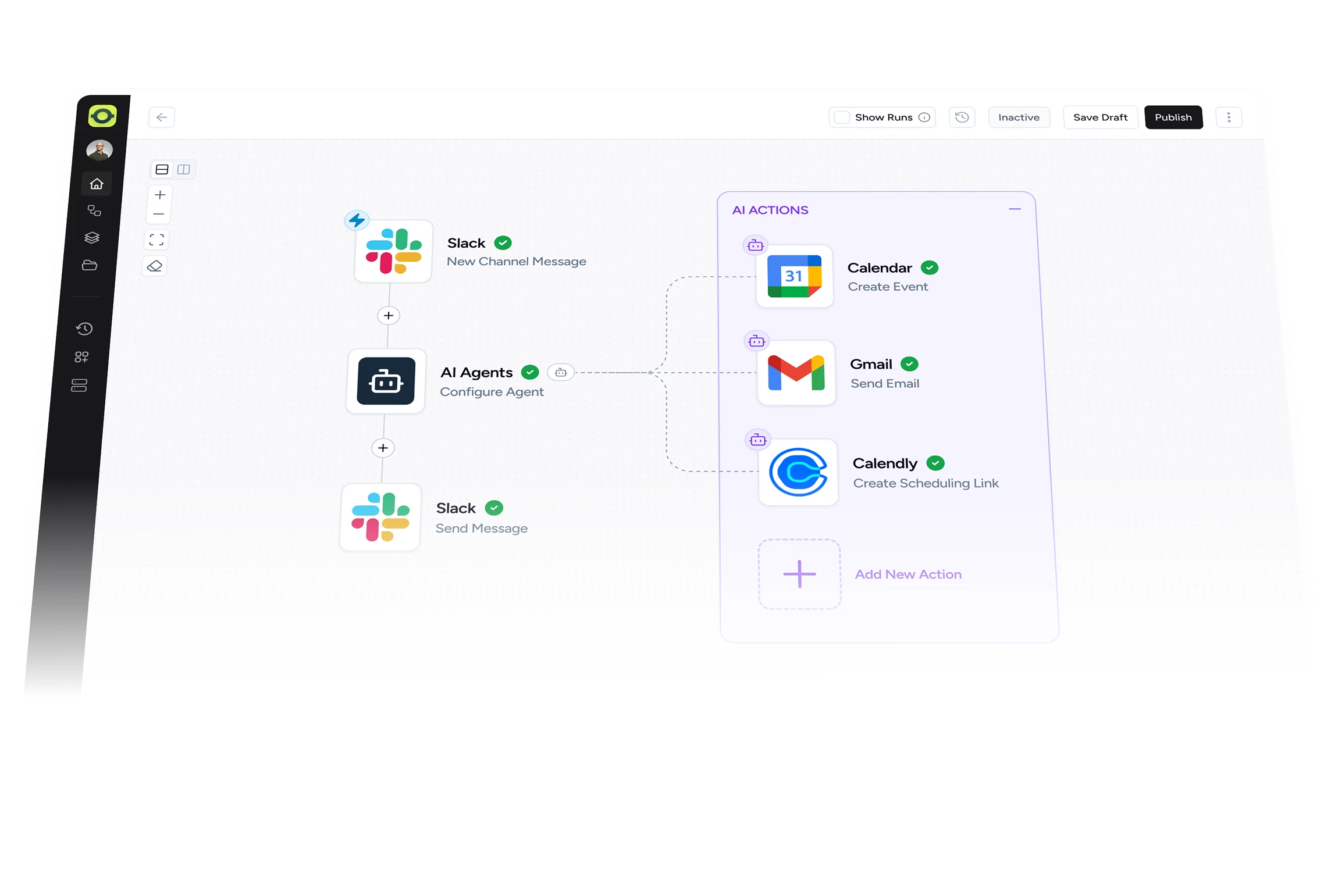 Hero image of the Ottokit AI automation platform dashboard displaying a workflow where Slack messages trigger an AI Agent connected to actions in Google Calendar, Gmail, and Calendly.
